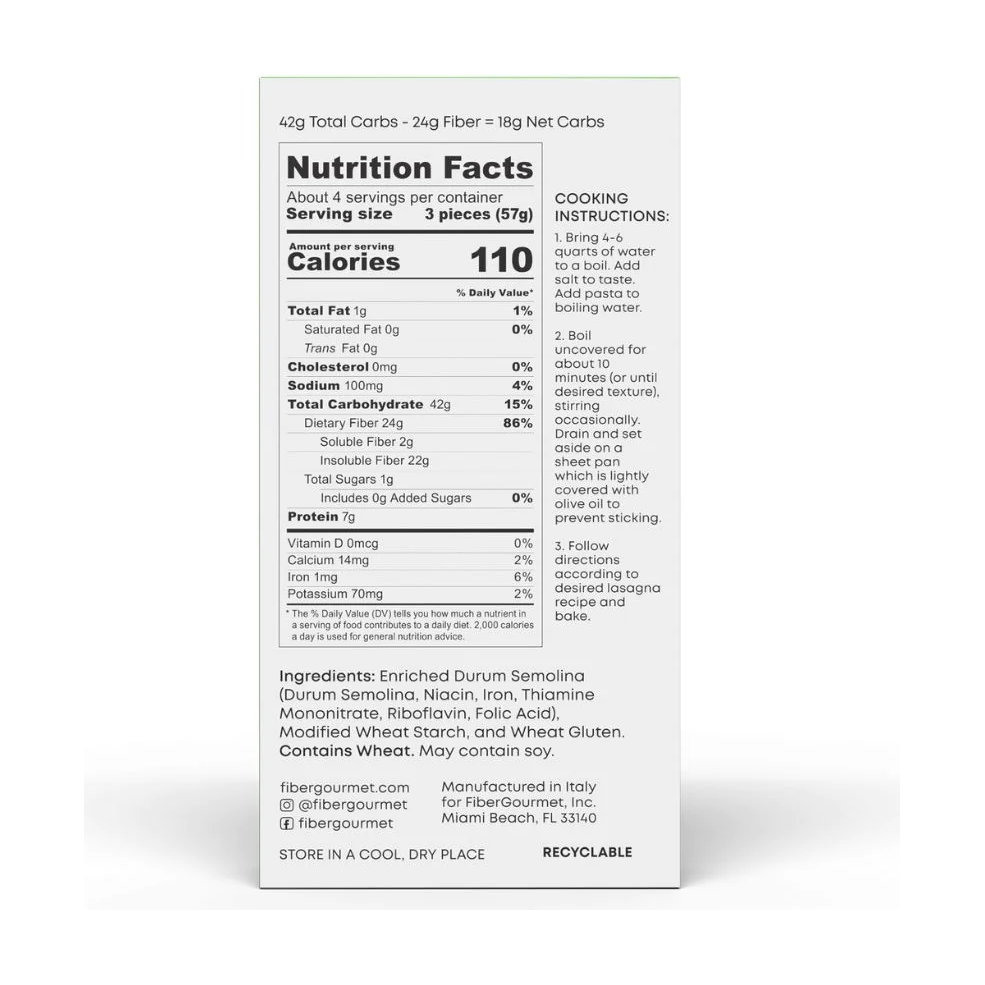 Fiber Gourmet - High Fiber Light Pasta - Lasagna - 8 oz box