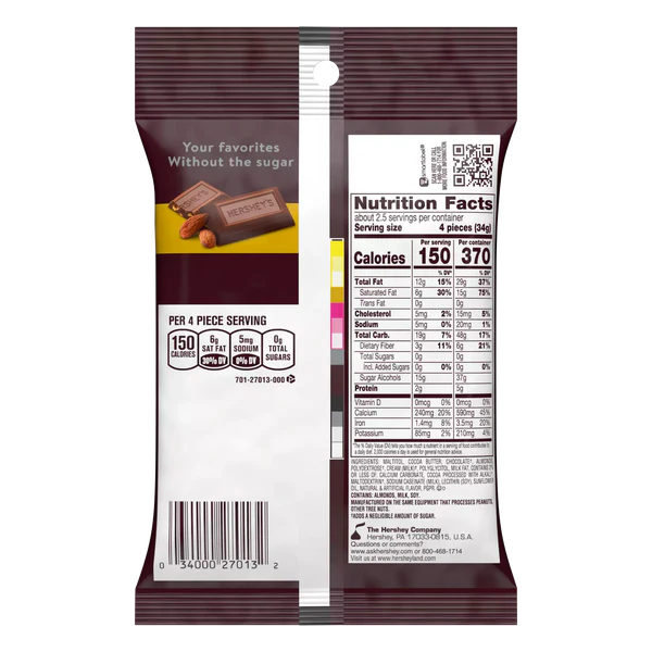 Hershey's - Zero Sugar Chocolate with Almonds - 3 oz Bag