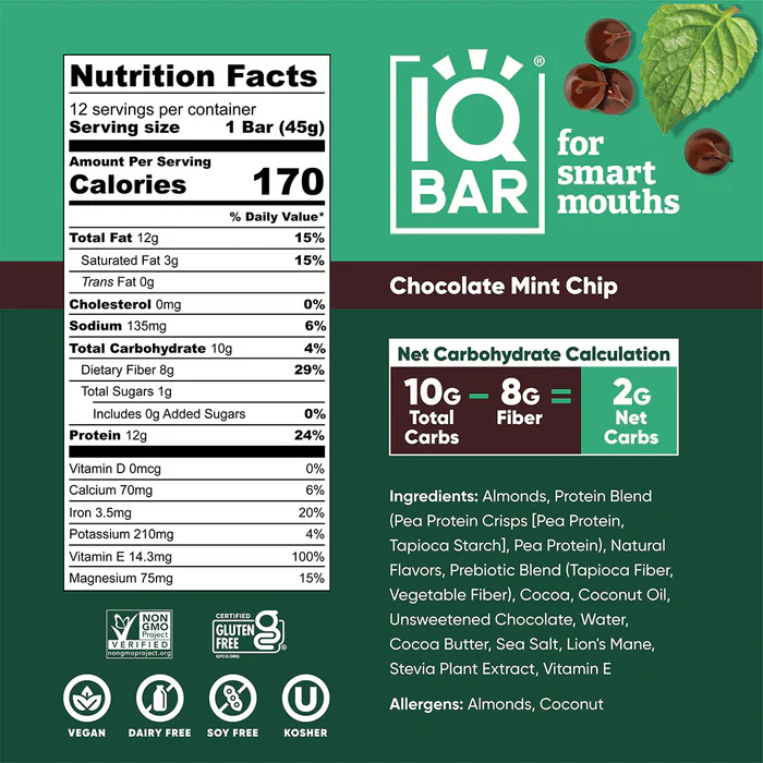 IQBAR - Vegan and Keto Protein Bars - Chocolate Mint Chip - 45g
