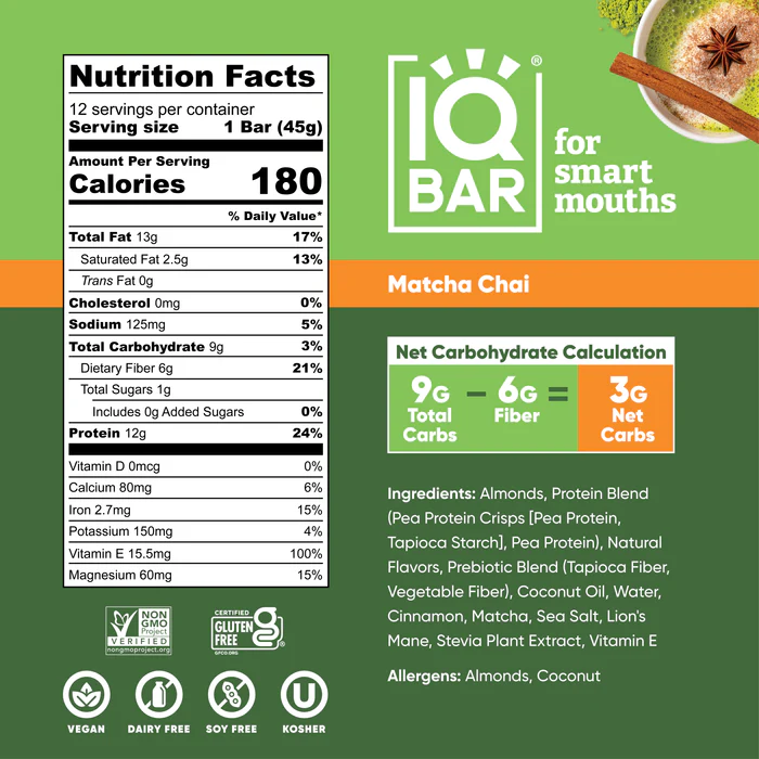 IQBAR - Vegan and Keto Protein Bars - Matcha Chai - 45g