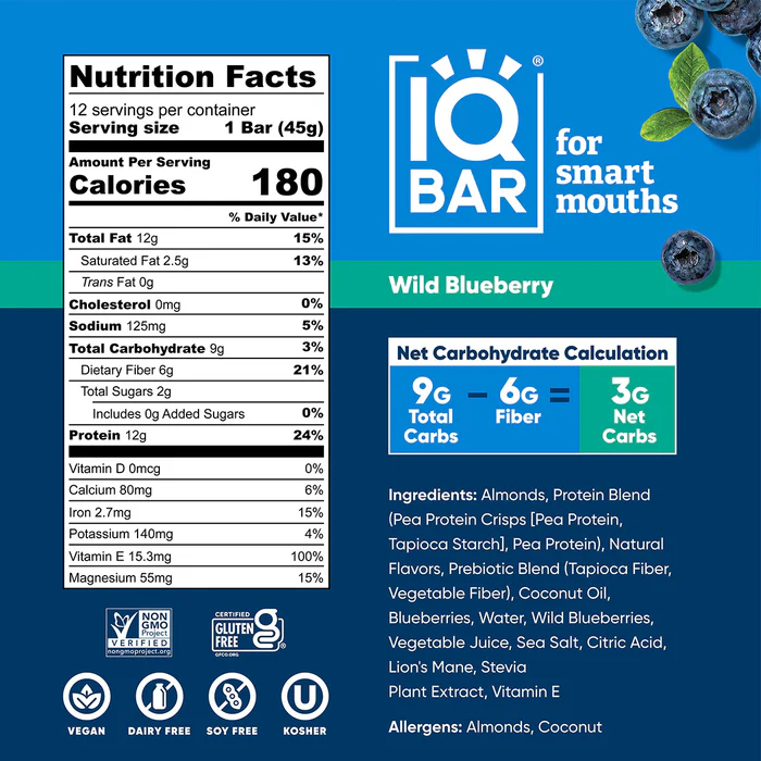 IQBAR - Vegan and Keto Protein Bars - Wild Blueberry - 45g