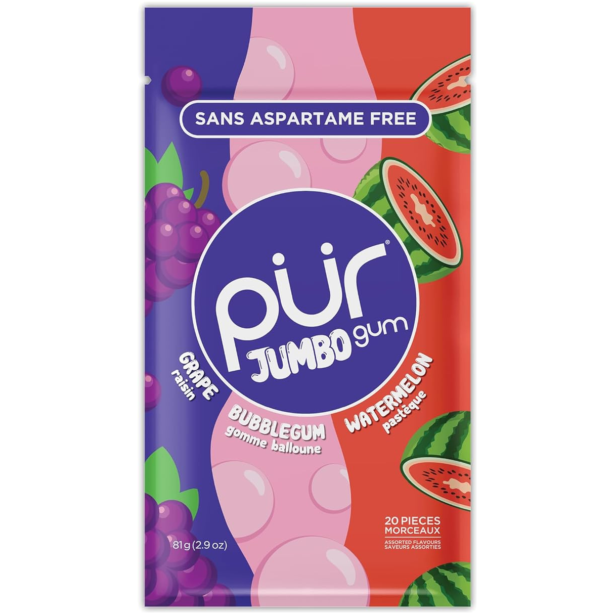 PUR - Jumbo Gum - Bubblegum, Grape, Watermelon - 81g