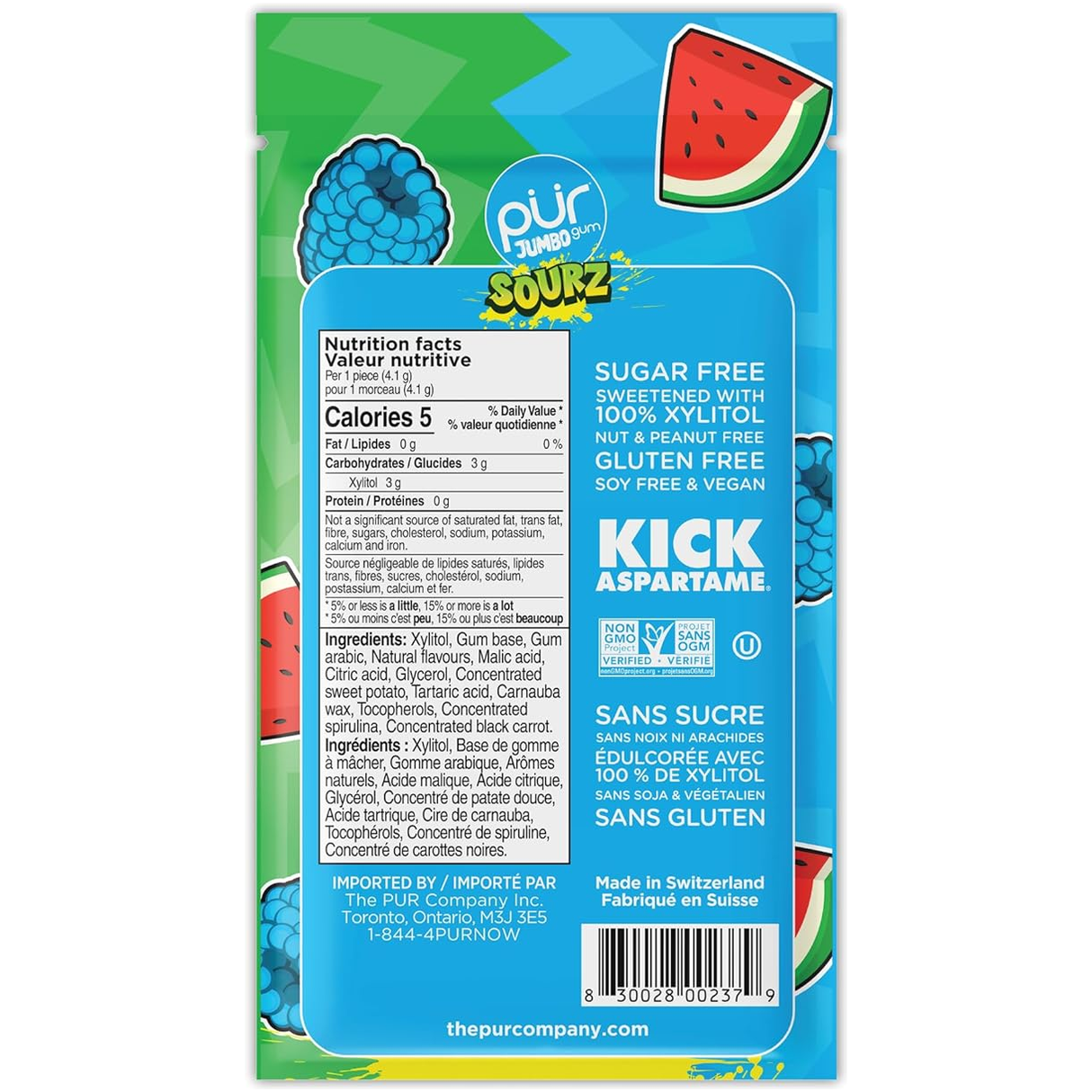 PUR - Jumbo Gum - Sourz Blue Raspberry & Watermelon - 81g