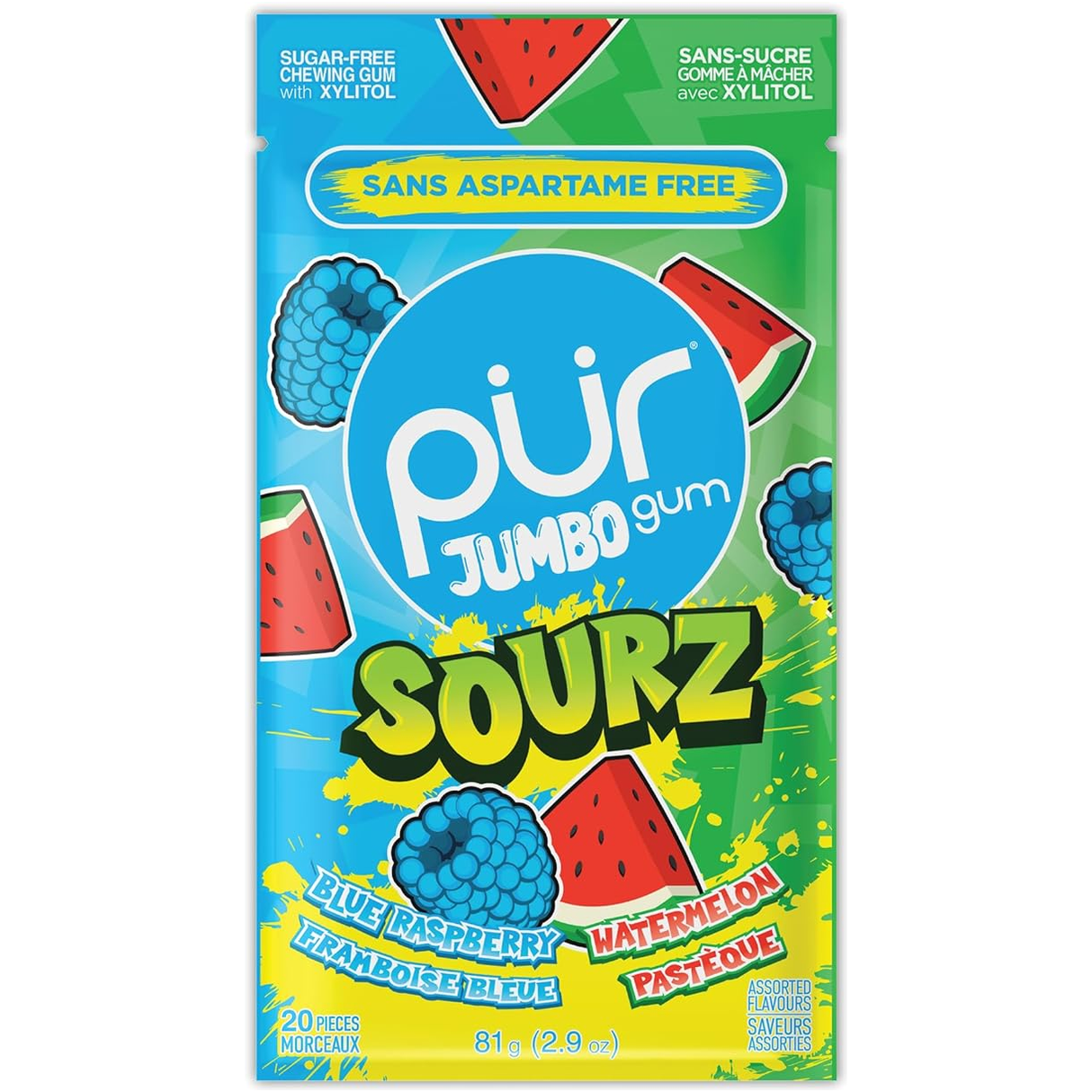 PUR - Jumbo Gum - Sourz Blue Raspberry & Watermelon - 81g