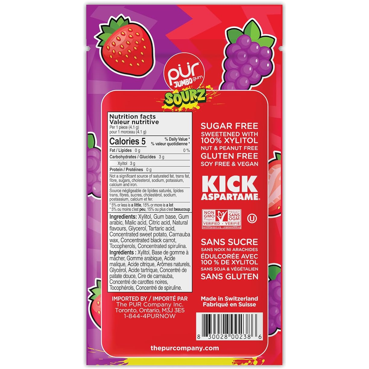 PUR - Jumbo Gum - Sourz Strawberry and Grape - 81g