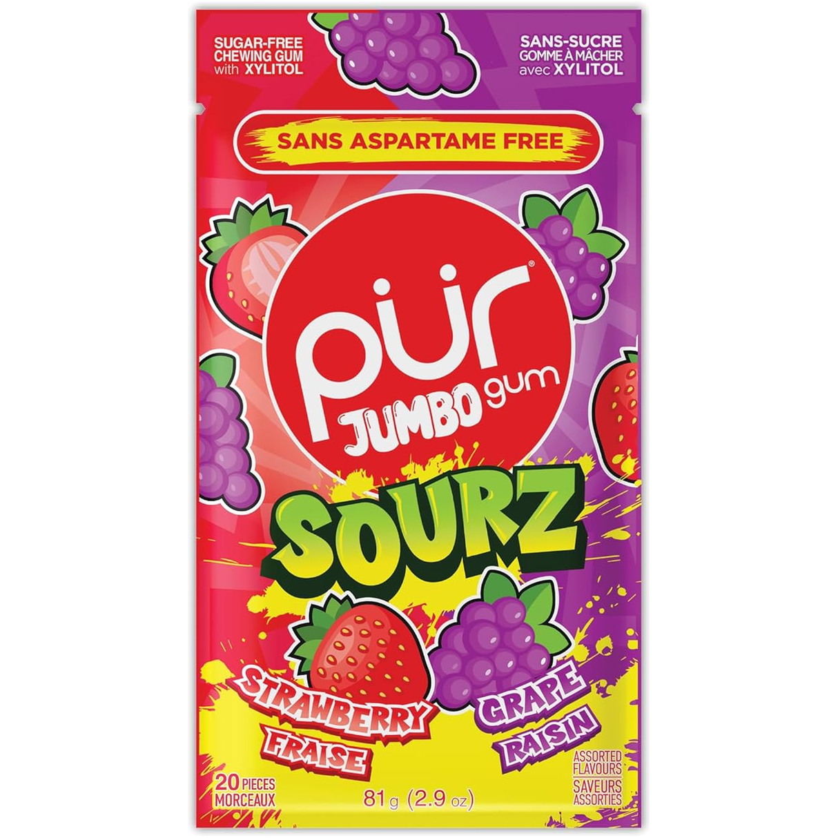 PUR - Jumbo Gum - Sourz Strawberry and Grape - 81g