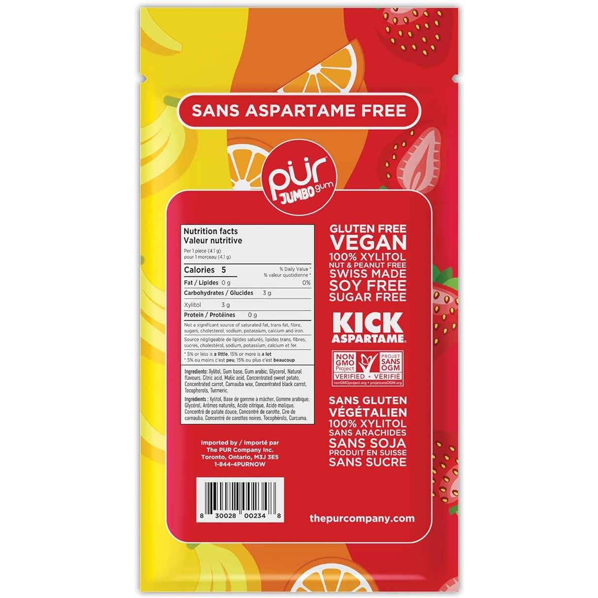 PUR - Jumbo Gum - Strawberry, Banana, Orange Flavour - 81g