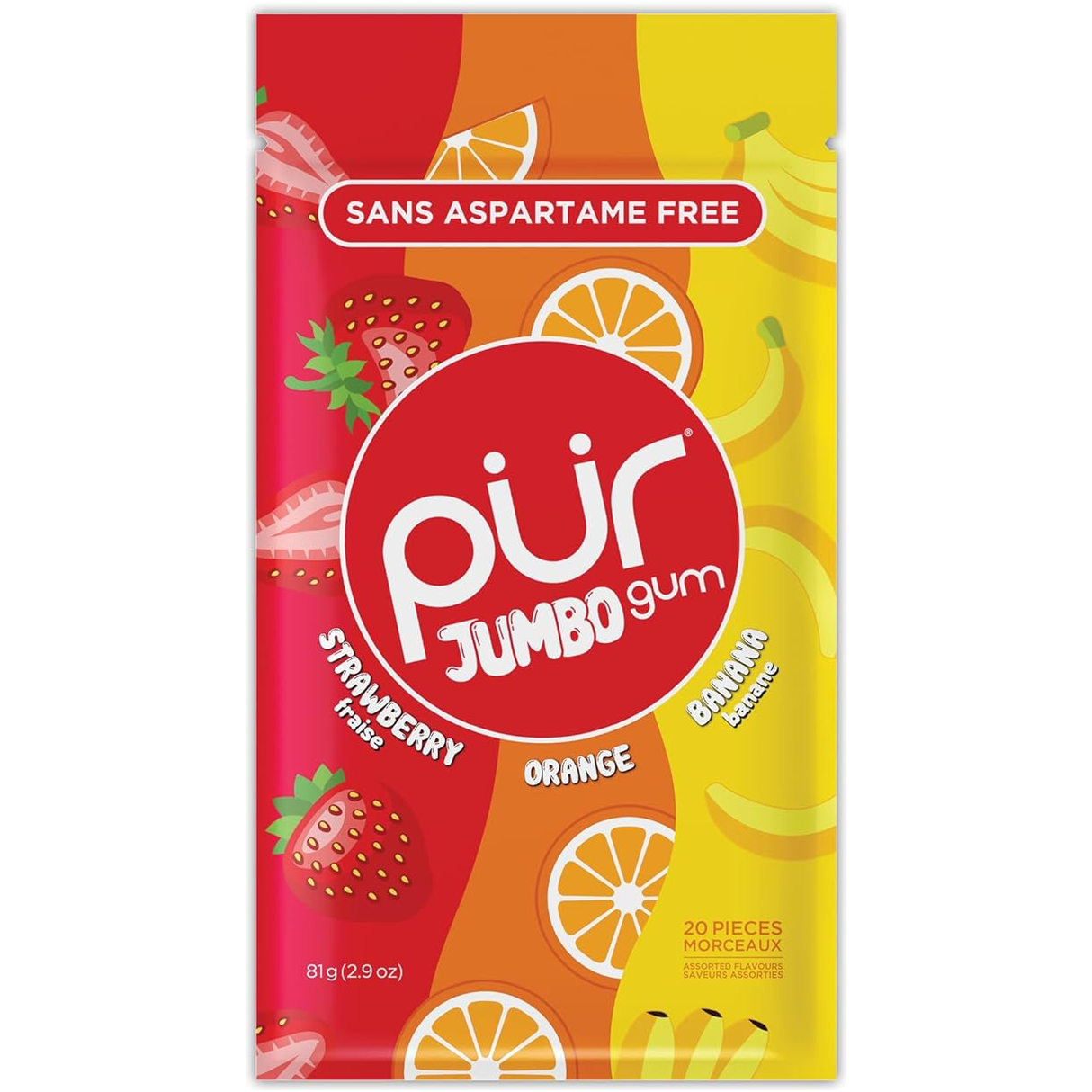 PUR - Jumbo Gum - Strawberry, Banana, Orange Flavour - 81g