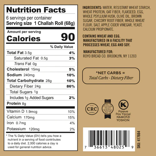 Royo Bread Company - Low Carb Challah Rolls - 6 rolls
