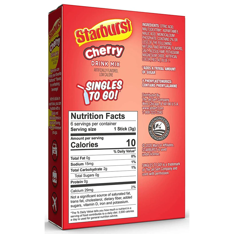 Starburst Zero Sugar Singles-to-Go - Cherry - 6 sticks
