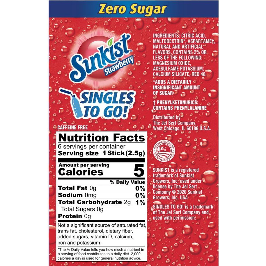 Sunkist Zero Sugar Singles-to-Go - Strawberry - 6 sticks