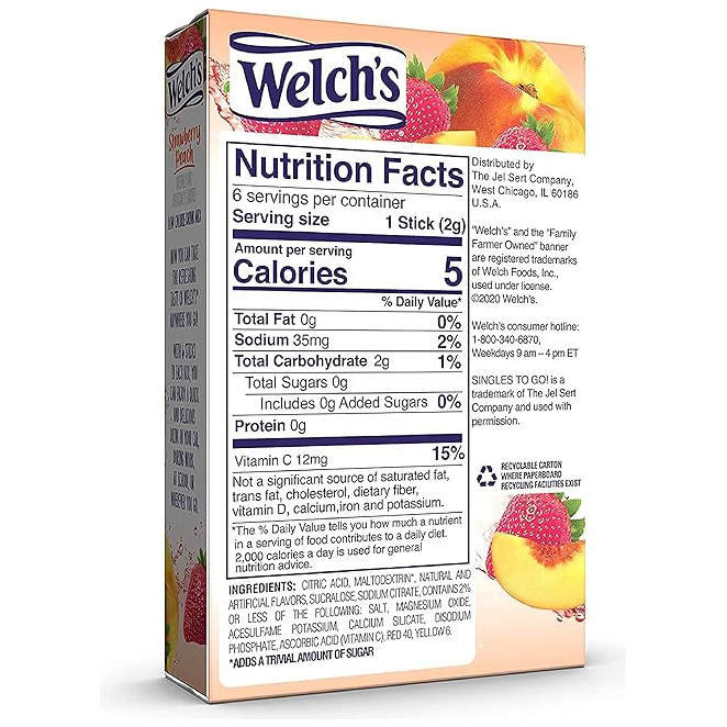 Welch's Zero Sugar Singles-to-Go - Fraise Pêche - 6 bâtons