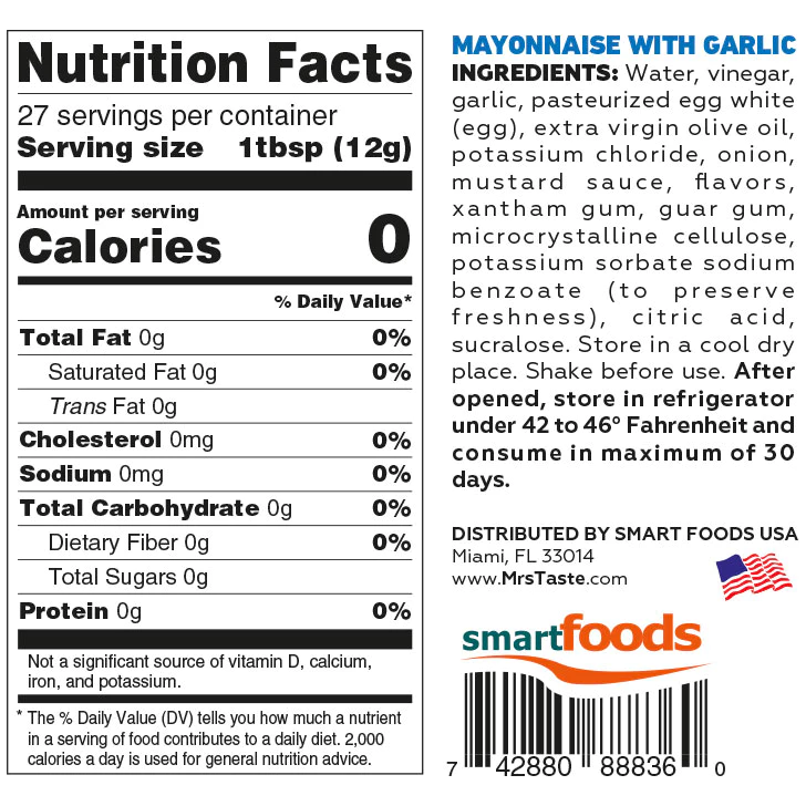 Mrs Taste - Zero Calories Sauce - Garlic Mayonnaise - 11.6oz