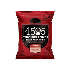 *(à consommer de préférence avant le 18 juillet 23) 4505 Couennes de porc Chicharrones - Chili classique et sel - Sac de 2,5 oz