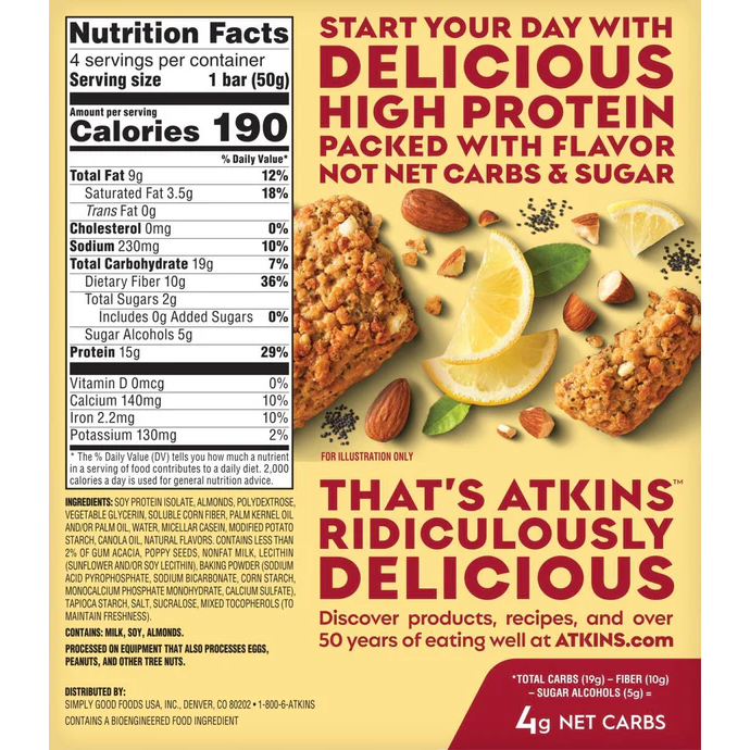 Atkins - Meal Bars - Soft Baked Lemon Poppy Seed - 4 Bars - 7.05oz