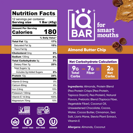 IQBAR - Vegan and Keto Protein Bars - Almond Butter Chip - 45g