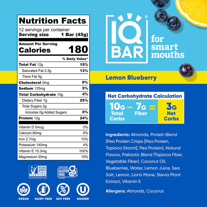 IQBAR - Vegan and Keto Protein Bars - Lemon Blueberry - 45g