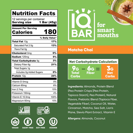 IQBAR - Vegan and Keto Protein Bars - Matcha Chai - 45g