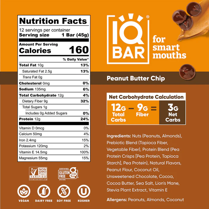 IQBAR - Vegan and Keto Protein Bars - Peanut Butter Chip - 45g
