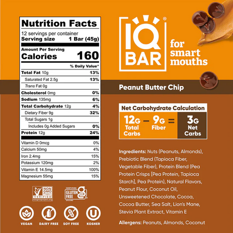IQBAR - Vegan and Keto Protein Bars - Peanut Butter Chip - 45g