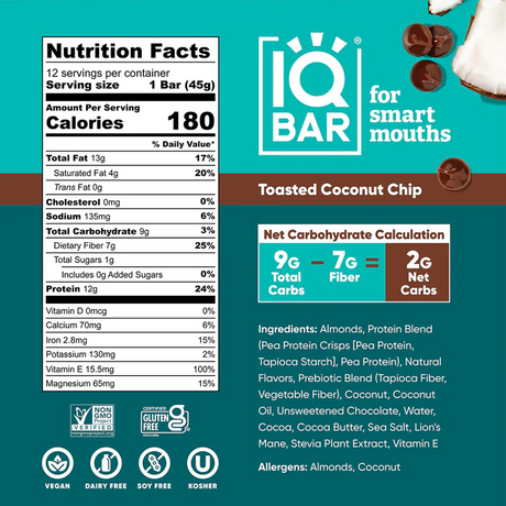 IQBAR - Vegan and Keto Protein Bars - Toasted Coconut Chip - 45g