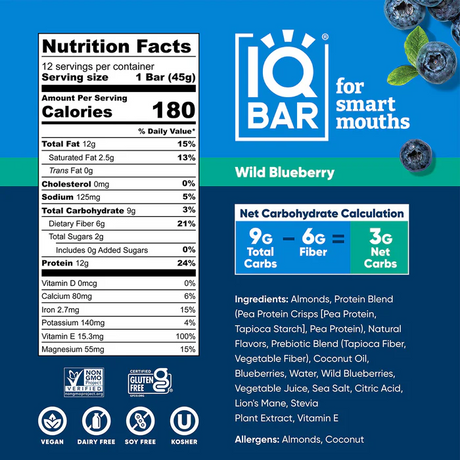 IQBAR - Vegan and Keto Protein Bars - Wild Blueberry - 45g