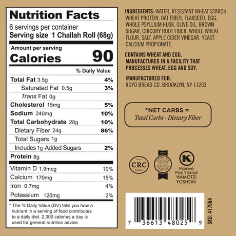 Royo Bread Company - Low Carb Challah Rolls - 6 rolls