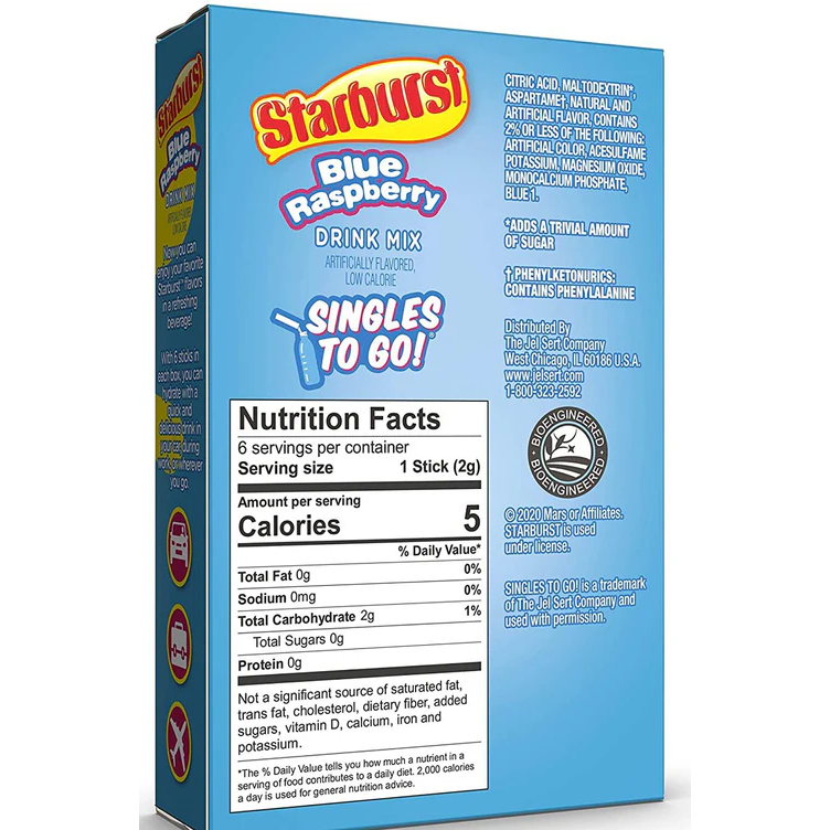 Starburst Zero Sugar Singles-to-Go - Blue Raspberry -  6 sticks