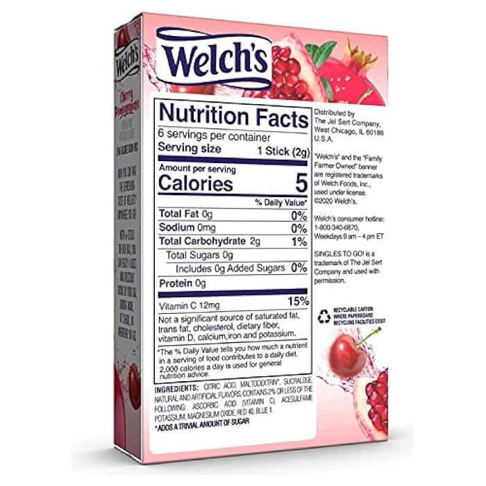 Welch's Zero Sugar Singles-to-Go - Cerise Grenade - 6 bâtons