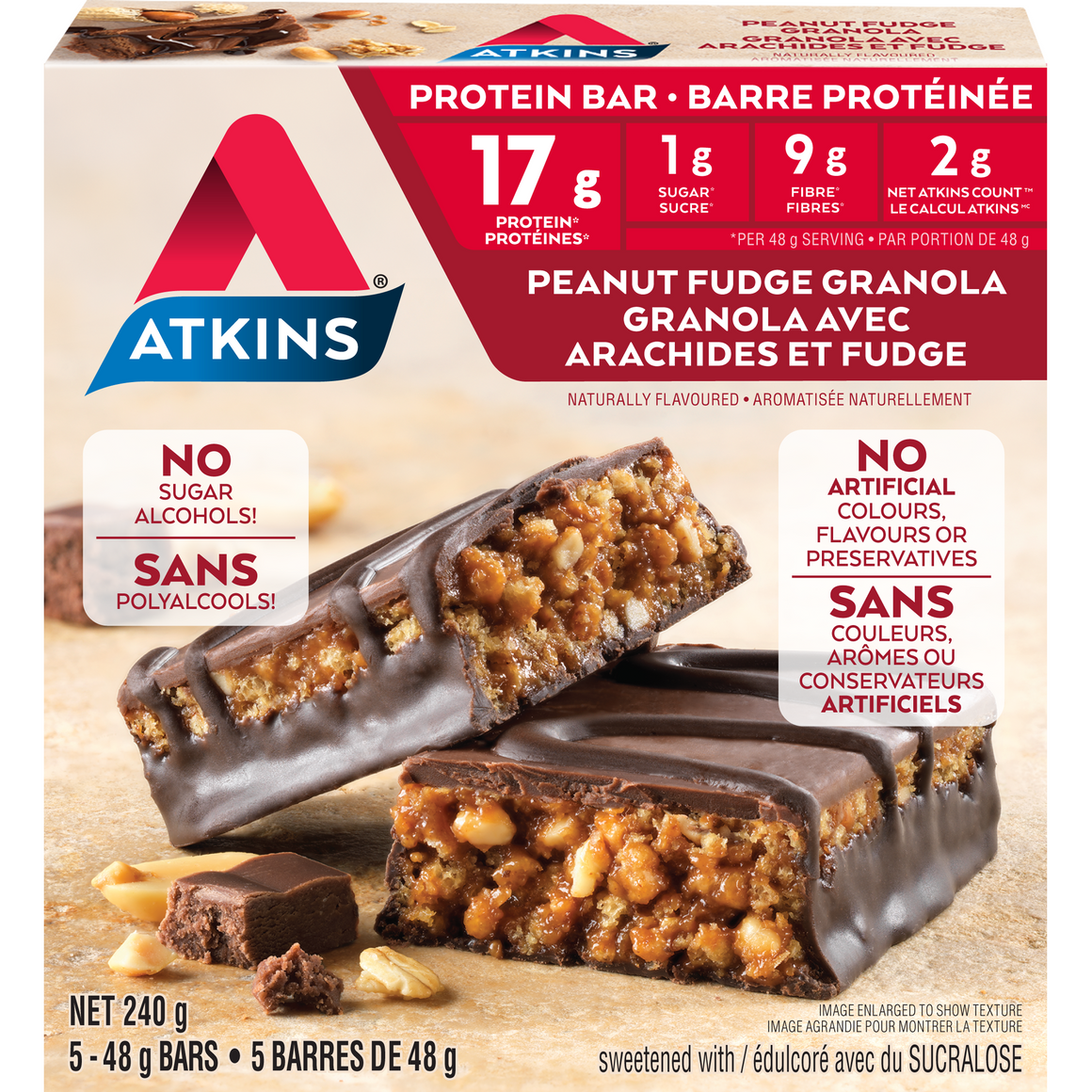 Atkins - Barres de repas protéinées - Granola au fudge et aux arachides - 5 barres
