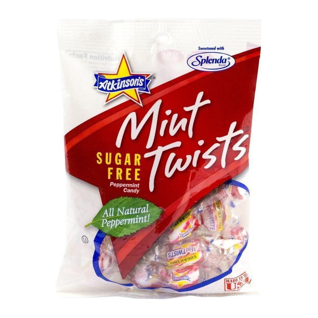 A package of Atkinsons Sugar Free Peppermint Candy - Mint Twist - showing the candy inside a transparent plastic packaging with red and white branding.