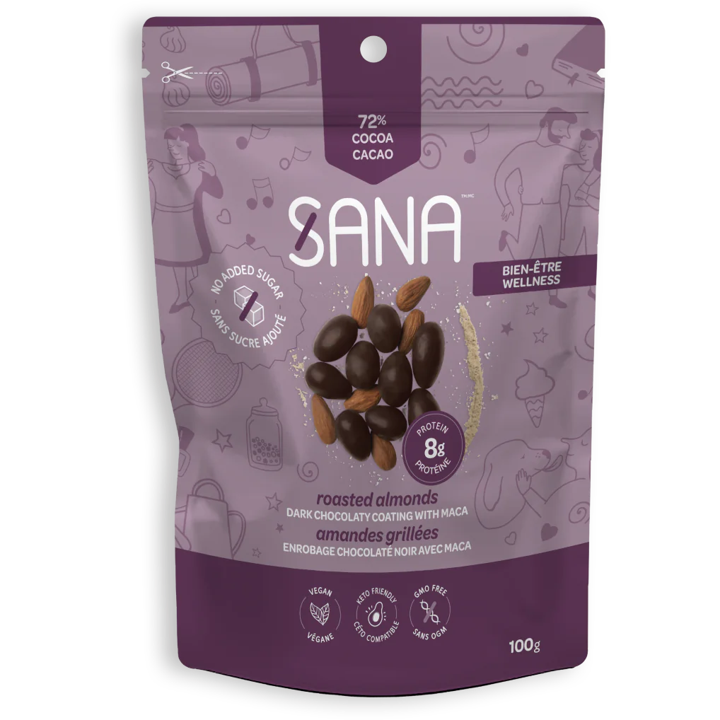 Sana - Chocolate Snacks - Amandes enrobées de chocolat noir avec Maca - 100g